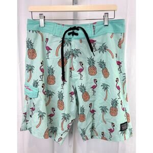 MAUI AND SONS 34 Printed Board Shorts Swim Trunks Flamingo Palm Tree Blue Green
